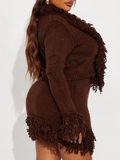 Fringe Cardigan Skirt Set