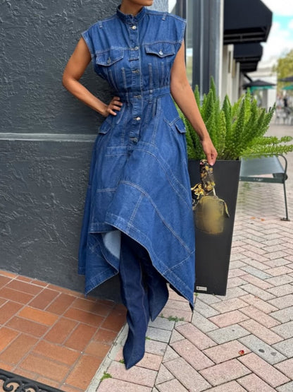 Sleeveless Asymmetrical Denim Dress