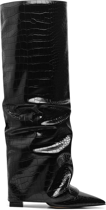 Women's Wide Calf Chunky High Heel Knee High Boots