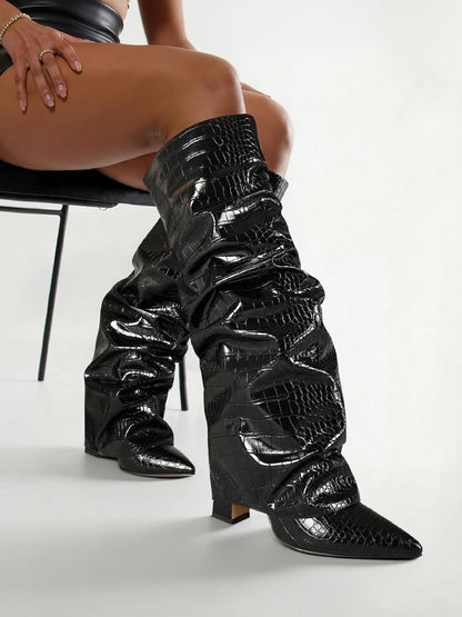 Women's Wide Calf Chunky High Heel Knee High Boots