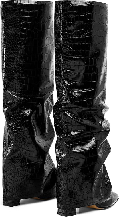 Women's Wide Calf Chunky High Heel Knee High Boots