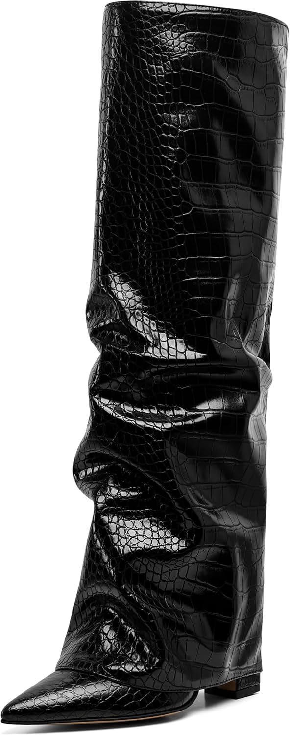 Women's Wide Calf Chunky High Heel Knee High Boots