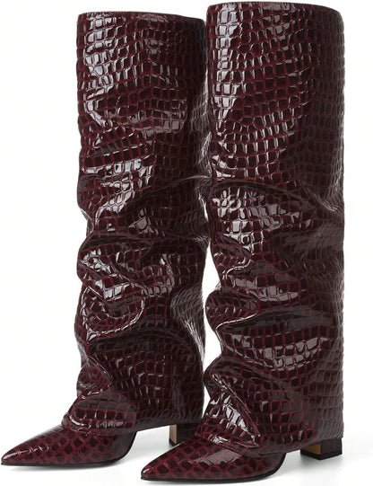 Women's Wide Calf Chunky High Heel Knee High Boots