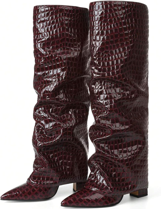 Women's Wide Calf Chunky High Heel Knee High Boots