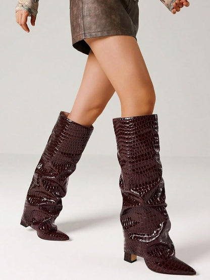 Women's Wide Calf Chunky High Heel Knee High Boots