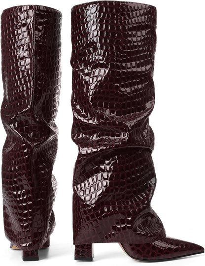 Women's Wide Calf Chunky High Heel Knee High Boots