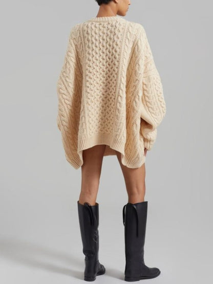 Round Neck Long-sleeved Cable Knit Oversized Sweater