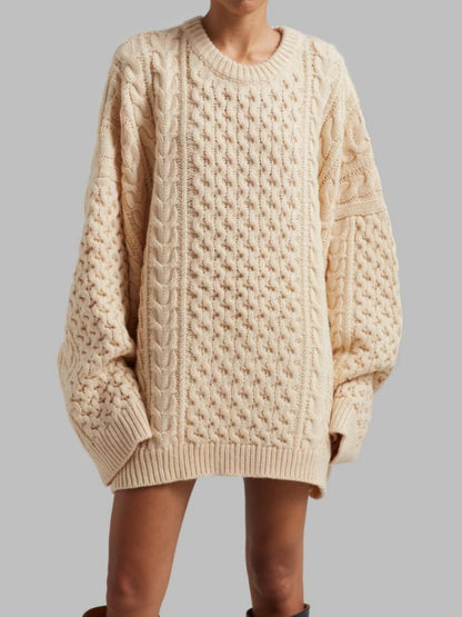 Round Neck Long-sleeved Cable Knit Oversized Sweater