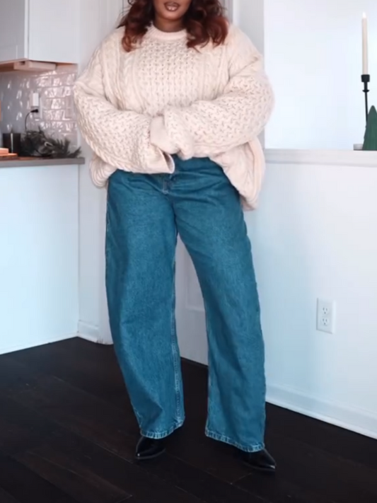 Round Neck Long-sleeved Cable Knit Oversized Sweater