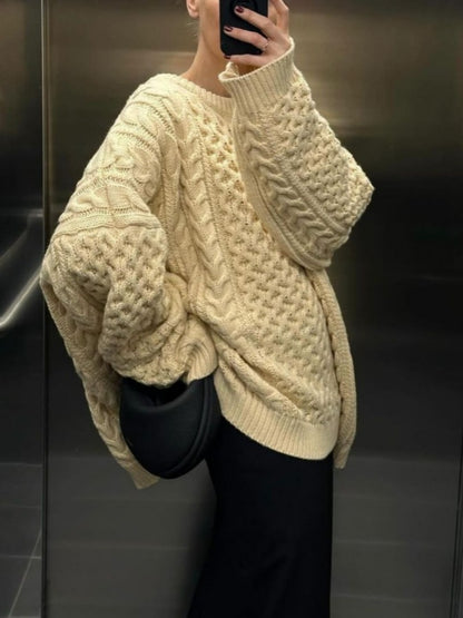 Round Neck Long-sleeved Cable Knit Oversized Sweater