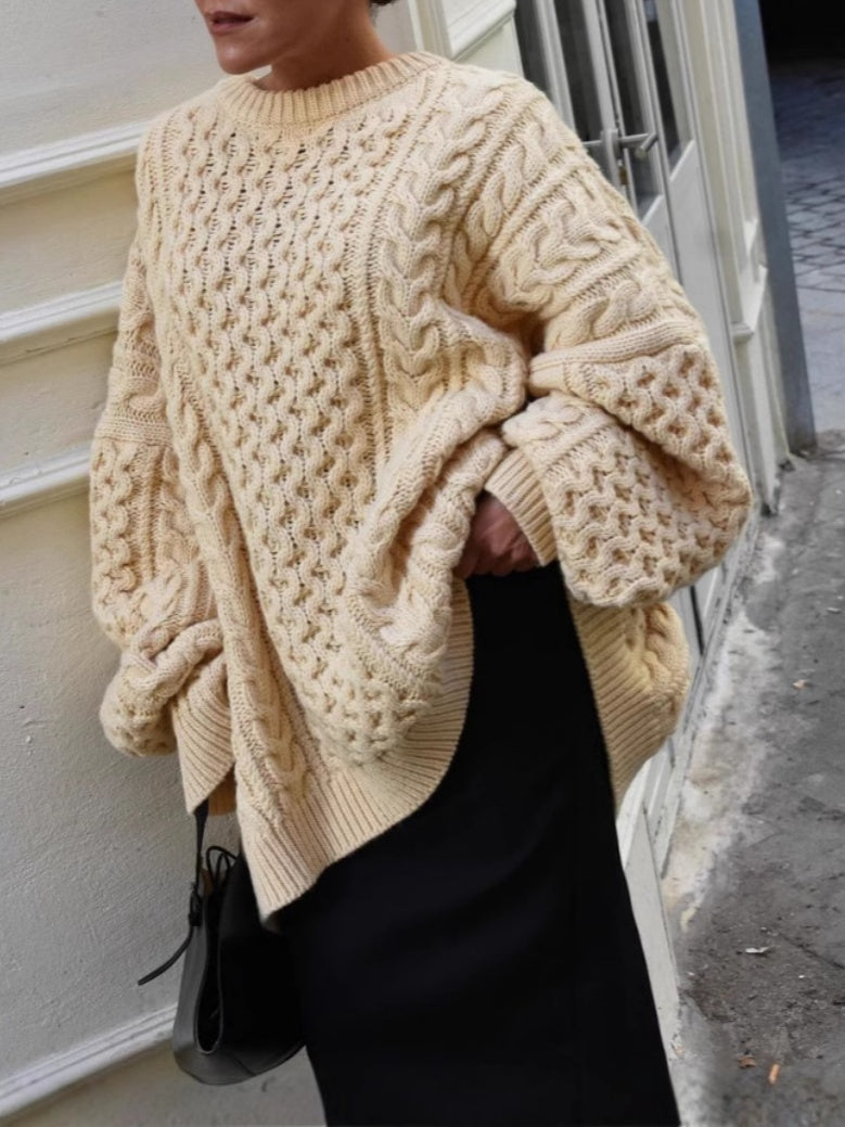 Round Neck Long-sleeved Cable Knit Oversized Sweater