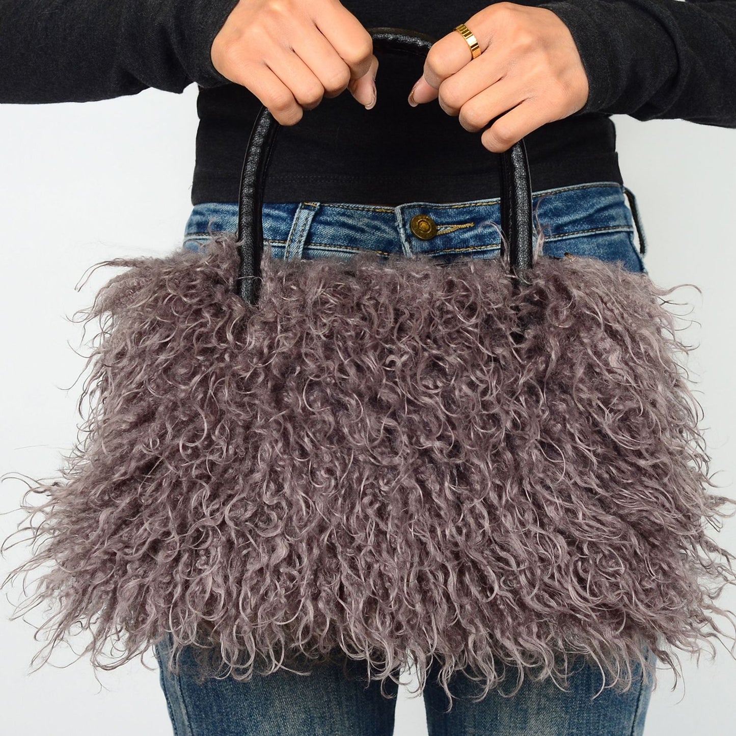 Imitation Wool Tote Bag With Genuine Leather Handles Handbag