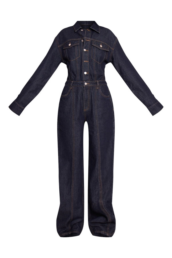 Contrast Stitch Long Sleeve Denim Jumpsuit