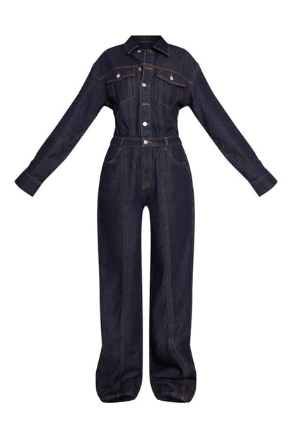 Contrast Stitch Long Sleeve Denim Jumpsuit