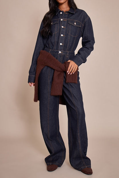 Contrast Stitch Long Sleeve Denim Jumpsuit