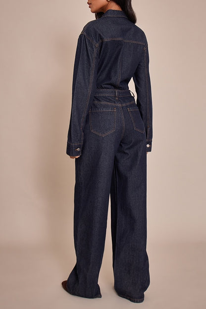 Contrast Stitch Long Sleeve Denim Jumpsuit