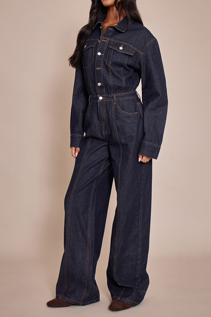 Contrast Stitch Long Sleeve Denim Jumpsuit