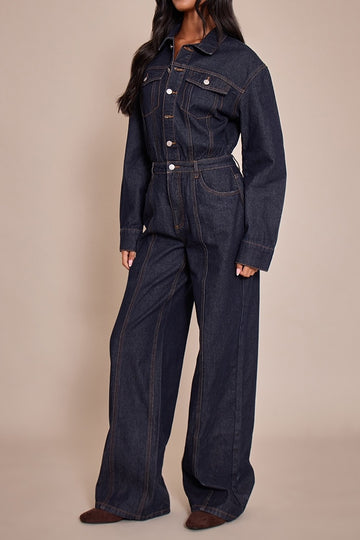 Contrast Stitch Long Sleeve Denim Jumpsuit