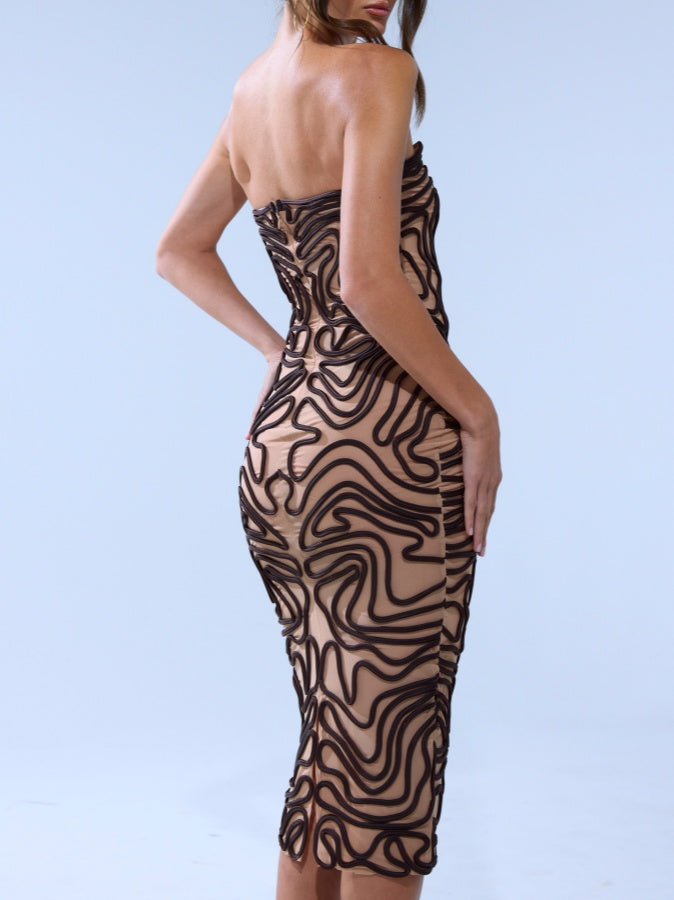 Wave-patterned Strapless Midi Dress