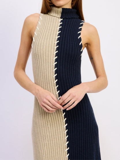 Split Color Block Turtleneck Sweater Dress