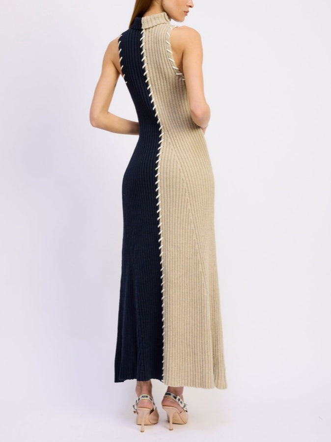 Split Color Block Turtleneck Sweater Dress