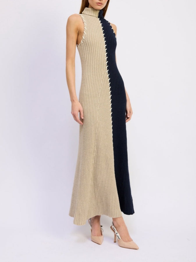 Split Color Block Turtleneck Sweater Dress