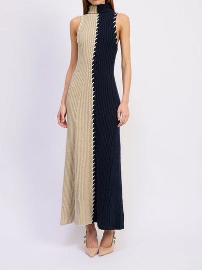 Split Color Block Turtleneck Sweater Dress