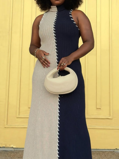 Split Color Block Turtleneck Sweater Dress