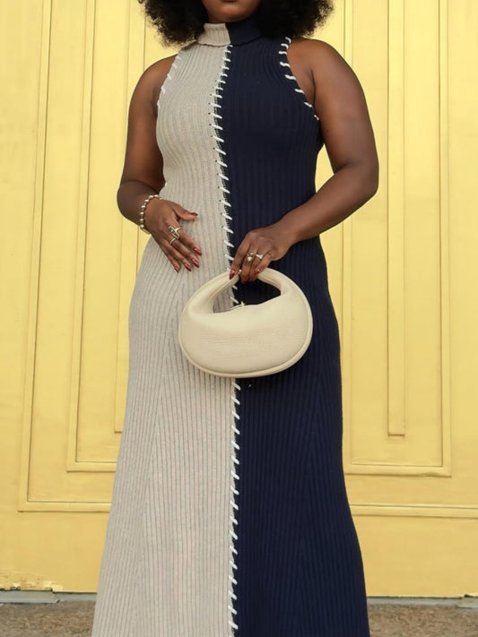 Split Color Block Turtleneck Sweater Dress