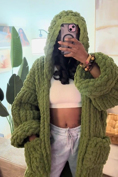 Hand-knitted Hooded Cardigan With Pockets