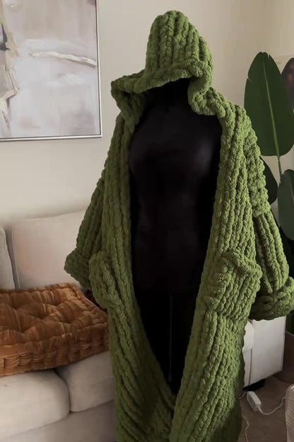 Hand-knitted Hooded Cardigan With Pockets
