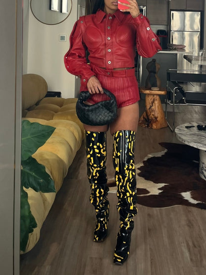 Button-down Cropped Leather Jacket