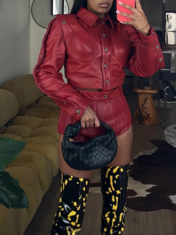 Button-down Cropped Leather Jacket