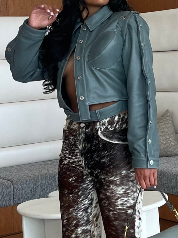 Button-down Cropped Leather Jacket