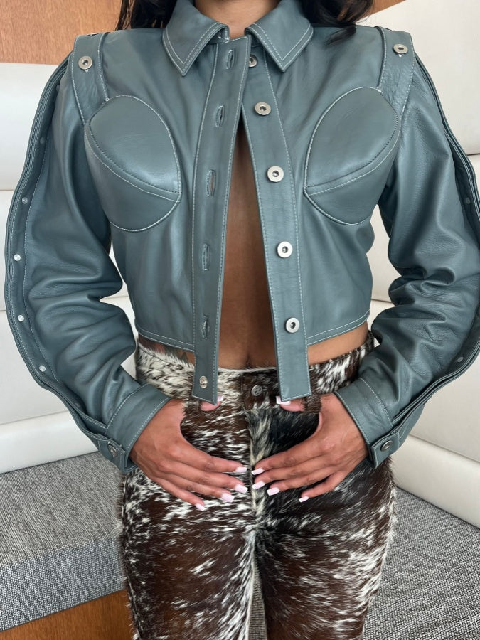 Button-down Cropped Leather Jacket
