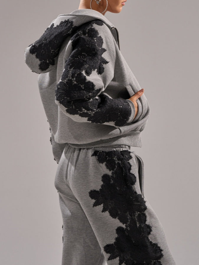 Lace appliqué sweatshirt two-piece set