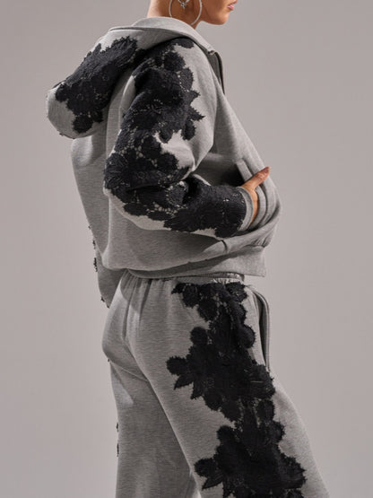 Lace appliqué sweatshirt two-piece set