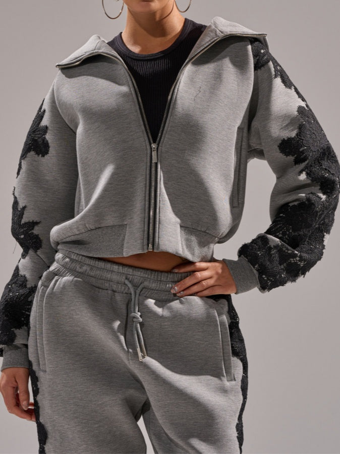 Lace appliqué sweatshirt two-piece set