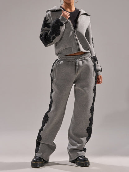 Lace appliqué sweatshirt two-piece set