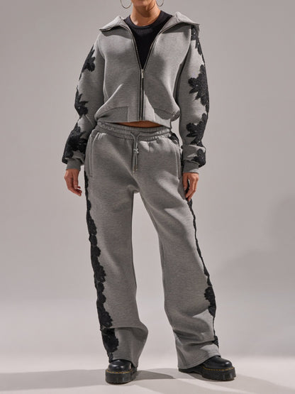 Lace appliqué sweatshirt two-piece set