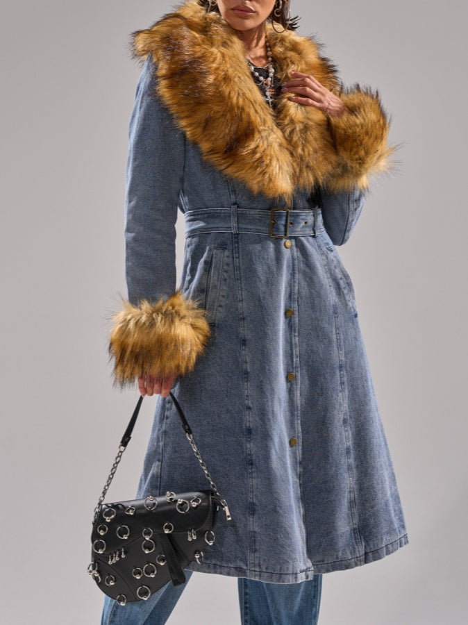 Fur Trim Denim Coat