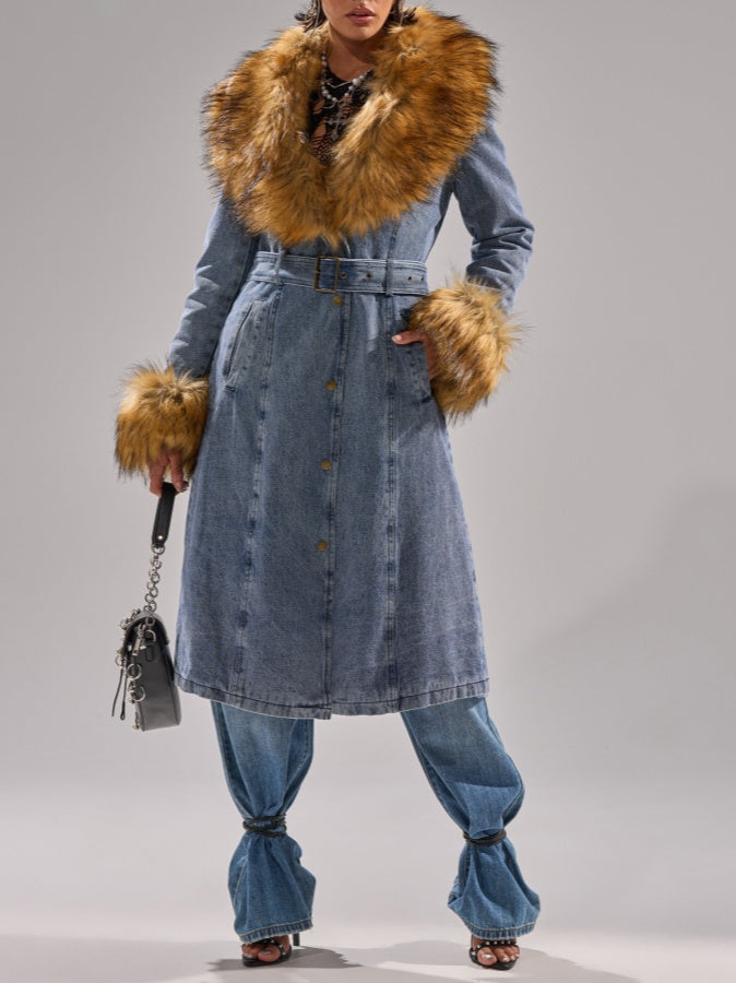 Fur Trim Denim Coat