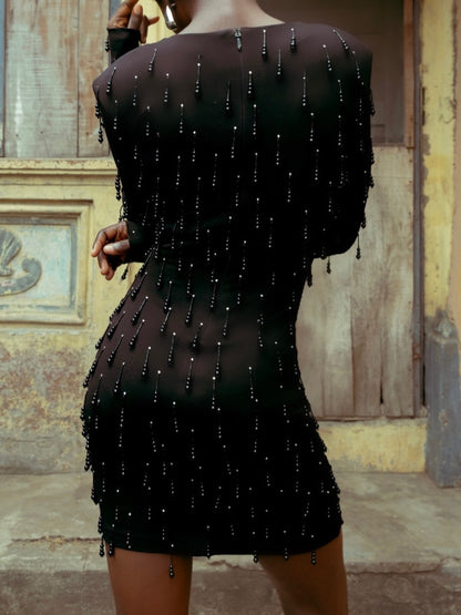 Black Long-sleeved Fringed Dress