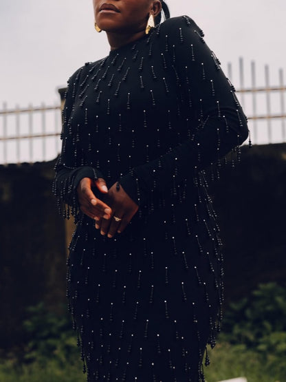 Black Long-sleeved Fringed Dress