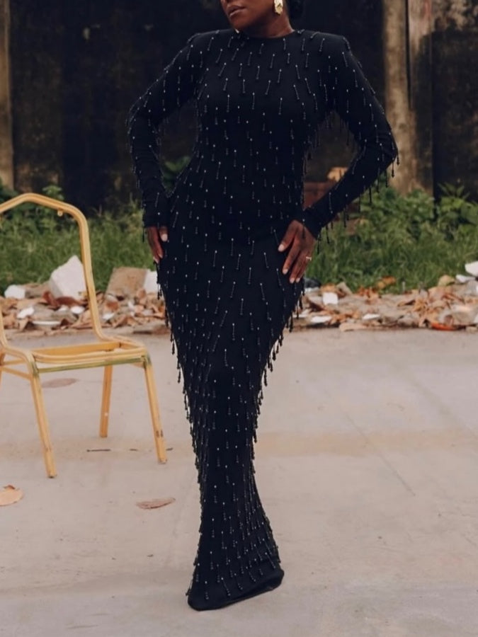 Black Long-sleeved Fringed Dress