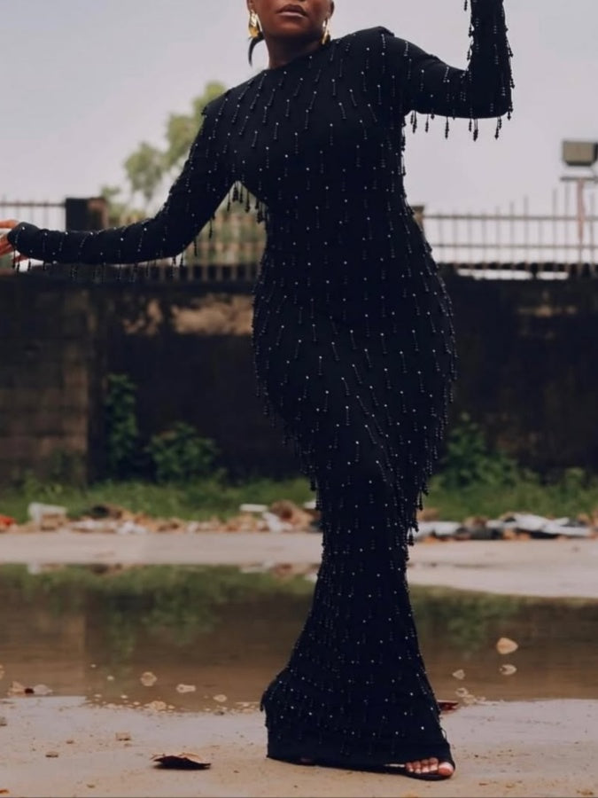 Black Long-sleeved Fringed Dress