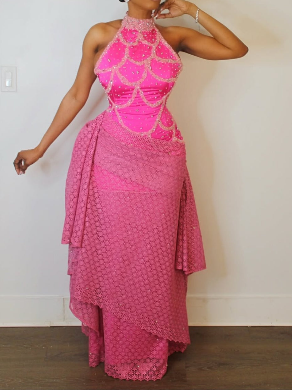 Sleeveless Halter-neck Sequined Dress