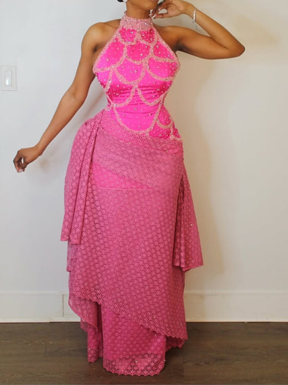 Sleeveless Halter-neck Sequined Dress