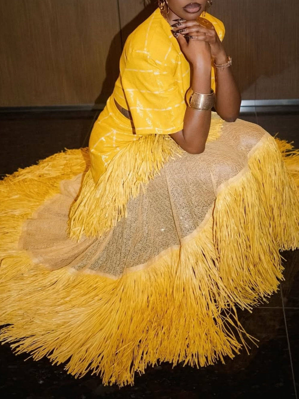 V-neck Cropped Top & Layered Fringed Skirt Set