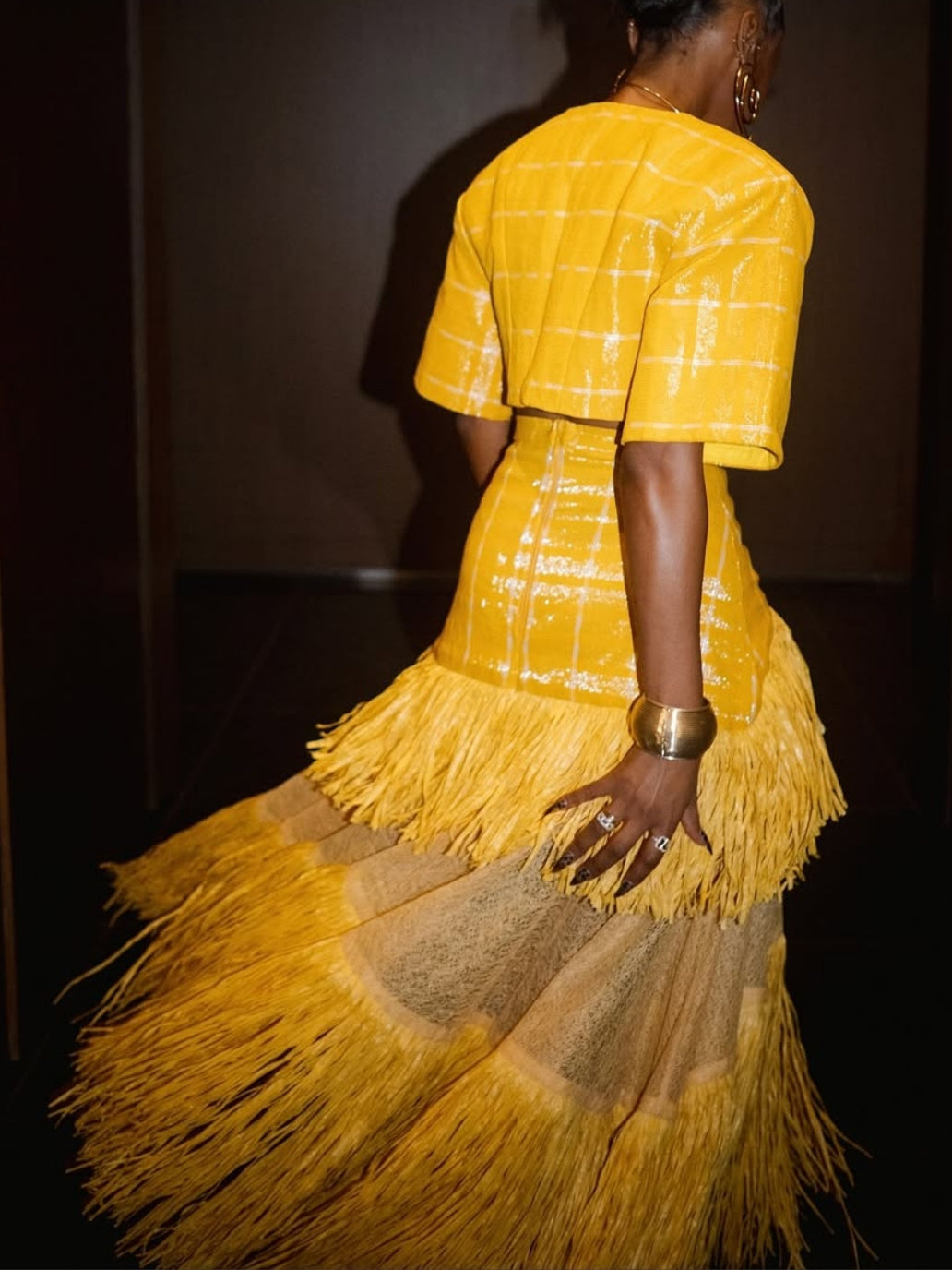 V-neck Cropped Top & Layered Fringed Skirt Set